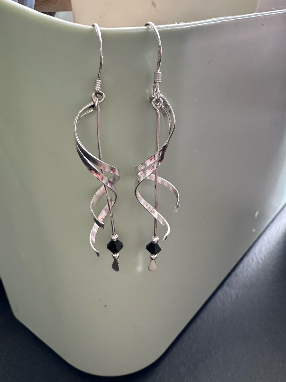 Sterling Silver Twisted Drop Earrings with Black Crystal Beads